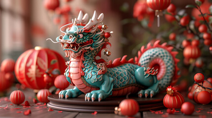Fototapeta premium Chinese new year, year of the dragon banner template design with dragons, clouds and flowers background. Chinese translation: Dragon.