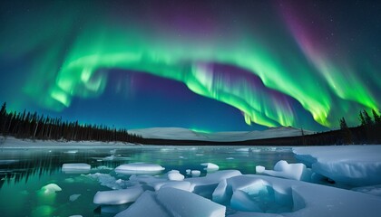 Stunning Northern Lights or Aurora Borealis dance in the sky, casting a beautiful palette of green and pink hues that reflect off the water. A wide-angle view of the inlet and trees.