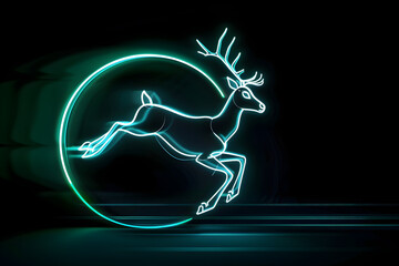 Futuristic neon silhouette of a jumping reindeer isotated on black background.