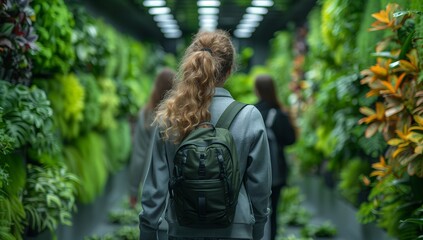 A woman carrying a backpack explores a lush greenhouse filled with various terrestrial plants, creating a natural landscape perfect for leisurely walks
