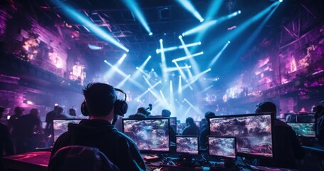 Man Monitoring Two Computer Monitors at Esports Event Generative AI