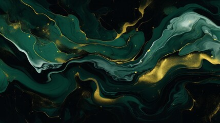 Modern art painting in alcohol ink, Abstract green fluid art with gold luxury marble stone texture background