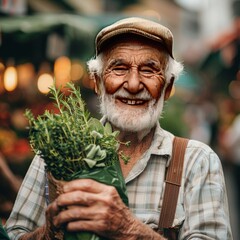 An elderly man with a warm smile presents a bouquet of fresh aromatic herbs, capturing the essence of local markets.