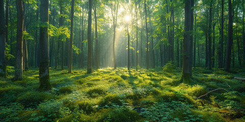 a green forest with tall trees and sunlight filtering through the leaves, banner natural landscape. sun rays through the forest, sun beams in green forest background. - obrazy, fototapety, plakaty