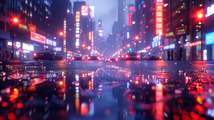 3D Rendering of neon mega city with light reflection from puddles on street heading toward...