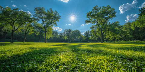 A  green meadow under the bright blue sky, with trees shadows, green spring nature landscape background at sunny day