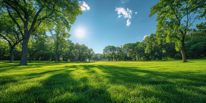 A  green meadow under the bright blue sky, with trees shadows, green spring nature landscape background at sunny day