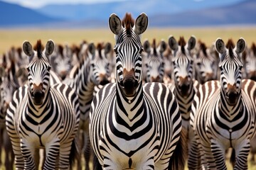 Zebras with distinctive striped patterns in the african wilderness, showcasing their natural habitat - obrazy, fototapety, plakaty