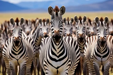 Gordijnen Zebras with distinctive striped patterns in the african wilderness, showcasing their natural habitat © Aliaksandra