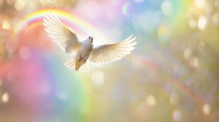 white dove flying in the sky with a rainbow in the background.  - obrazy, fototapety, plakaty