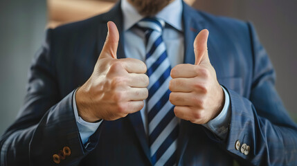 Business man thumbs up to indicate success, likes,encourages, wins - close-up.