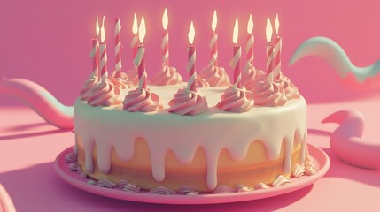 an AI-generated picture of a happy birthday cake with candles, ensuring it is presented on a pink background in jpg format attractive look