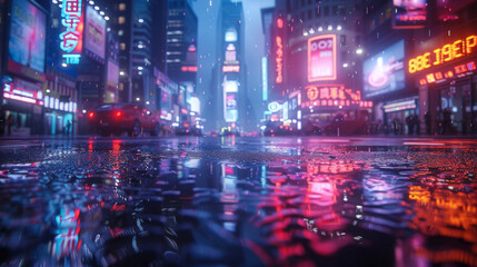 3D Rendering of neon mega city with light reflection from puddles on street heading toward...