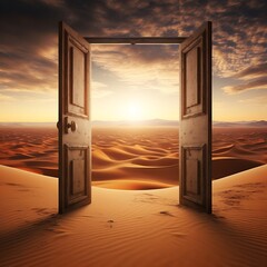 Open door in the desert. 3D render