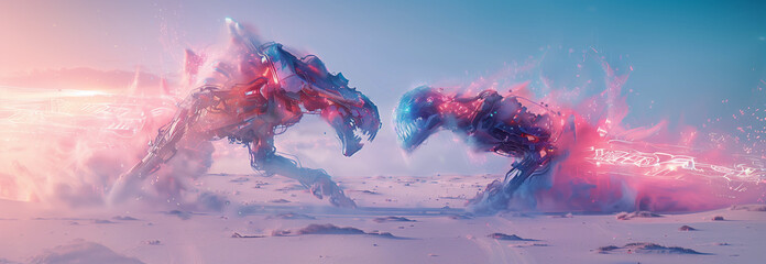 Two cybernetic panthers fighting in a desert. Landscape in the style of futuristic surrealism