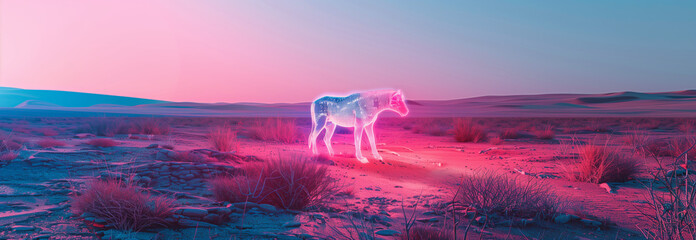Cybernetic animal in a desert. Landscape in the style of futuristic surrealism - obrazy, fototapety, plakaty