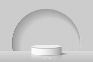 White grey 3d cylinder podium pedestal realistic placed in front of half  circle door background. Minimal scene for mockup or product presentation, showcase. 3d vector geometric form design.
