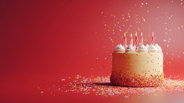 an AI-generated picture of a joyful birthday cake, complete with candles, against a red background attractive look