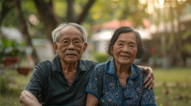 Elderly Asian couple With love evident in retirement, reflecting the retirement of the elderly.
