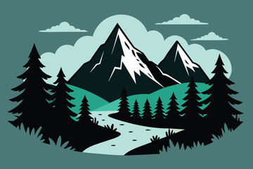 Hand drawn vector nature illustration with mountains and forest on first view. Using for travel and nature background