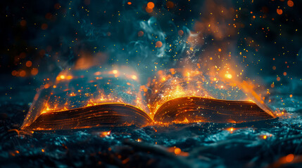 Magical open book. Shining lights and golden particles in fantastic fog rise above pages of book on dark background. Concept of fairy-tale literature, spells and mystery.