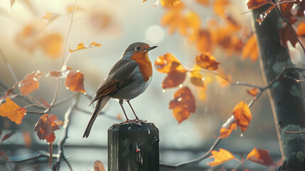 A focused robin perched on a rustic fence post, with soft morning light filtering through leaves in...