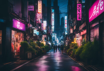 A night of the neon street at the downtown in Shinjuku Tokyo wide shot