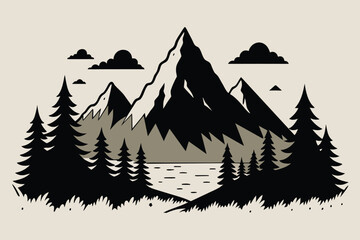 Hand drawn vector nature illustration with mountains and forest on first view. Using for travel and nature background