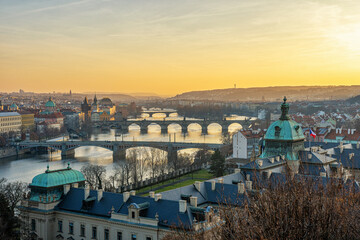 Beauteful view of the Vltava River and Bridges in Prague at the sunset. Czech Republic.