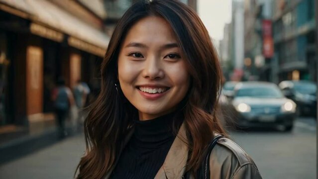 young beautiful asian woman wearing trendy clothes stands on the street of a large city