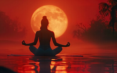 silhouette of female yoga girl meditating on calm waters under the bright full red moon