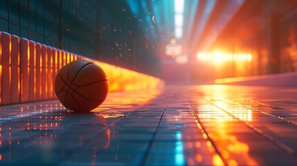 a stunning AI-generated artwork featuring a basketball ball resting on the floor of a vibrant sports arena, illuminated by the warm glow of sunlight entering the gym attractive look
