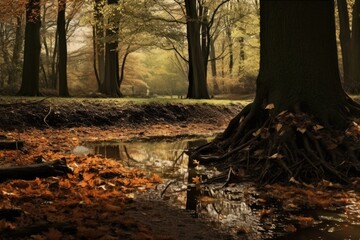 Woodland  background, An autumnal woodland scene with falling leaves, AI generated