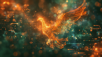 Fiery Digital Phoenix in Conceptual Data Transformation - obrazy, fototapety, plakaty