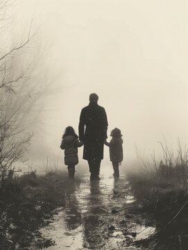 silhouette di un padre e due figli un maschio e una femmina, fondo solido bianco - generative ai