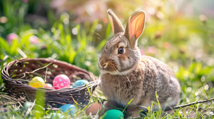 The Easter Bunny sits with a basket and eggs in a spring meadow