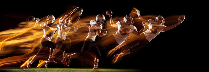 Development of movements. American football player in motion catching ball on black background in...