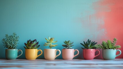 A row of five mugs with succulents in them lined up, AI