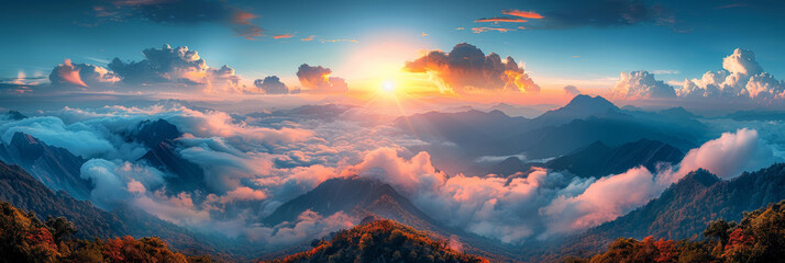 The sun shines on the top of mountain, overlooking a wide view of mountains and valleys below.sunset in the mountains, sunrise in the mountains - obrazy, fototapety, plakaty