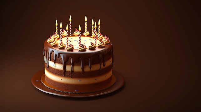 an AI-generated picture of a joyful and vibrant birthday cake with lit candles, isolated on a dark brown background attractive look
