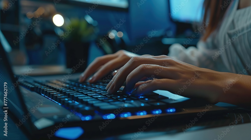Wall mural closeup of business woman hands typing on keyboard, working online in modern office. programmer, cod