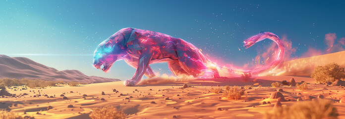 Cybernetic panther in a desert. Landscape in the style of futuristic surrealism - obrazy, fototapety, plakaty