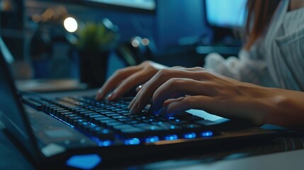 Closeup of business woman hands typing on keyboard, working online in modern office. Programmer, coder using laptop computer at workplace Remote job concept. copy space for text.