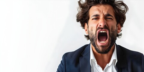 Exhausted businessman character with a yawn of fatigue in the fight against business challenges on a plain white background