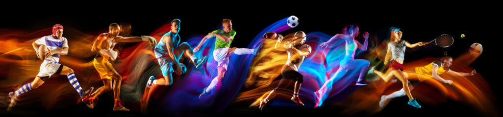 Competitive spirit. Athletes of different sports, men and women in motion, training on black background in neon with mixed lights. Concept of sport, competition, tournament, action, dynamics. Banner