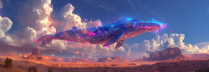 A whale over a desert, landscape in the style of futuristic surrealism