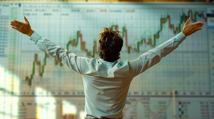 A man watching bullish charts, his joy palpable, space above for your motivational quotes