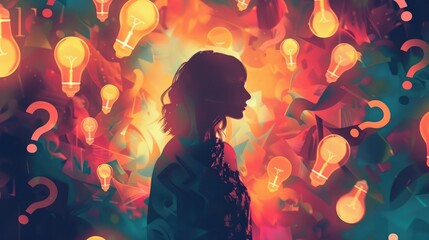 Illustration of A Female Figure Pondering Surrounded by Light Bulbs and Question Marks