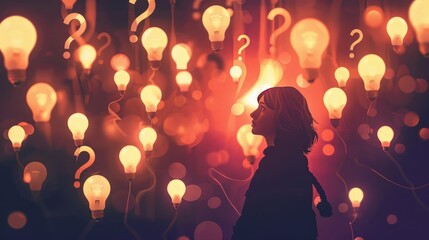 Illustration of A Female Figure Pondering Surrounded by Light Bulbs and Question Marks