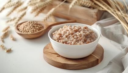 Board with bowl of tasty buckwheat porridge on white table